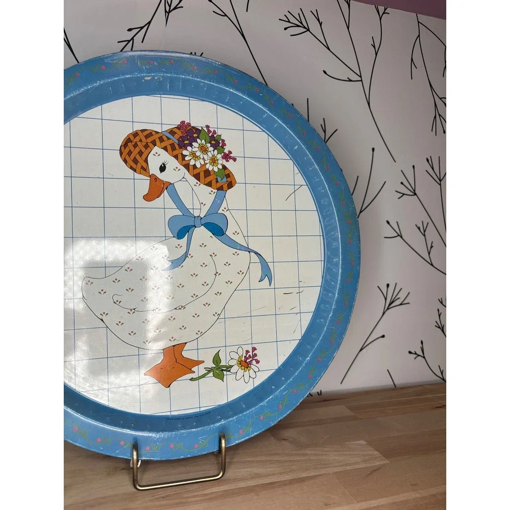 Vintage Giftco Inc Round Metal Serving Tray Goose Sun Hat Blue White Grid 13